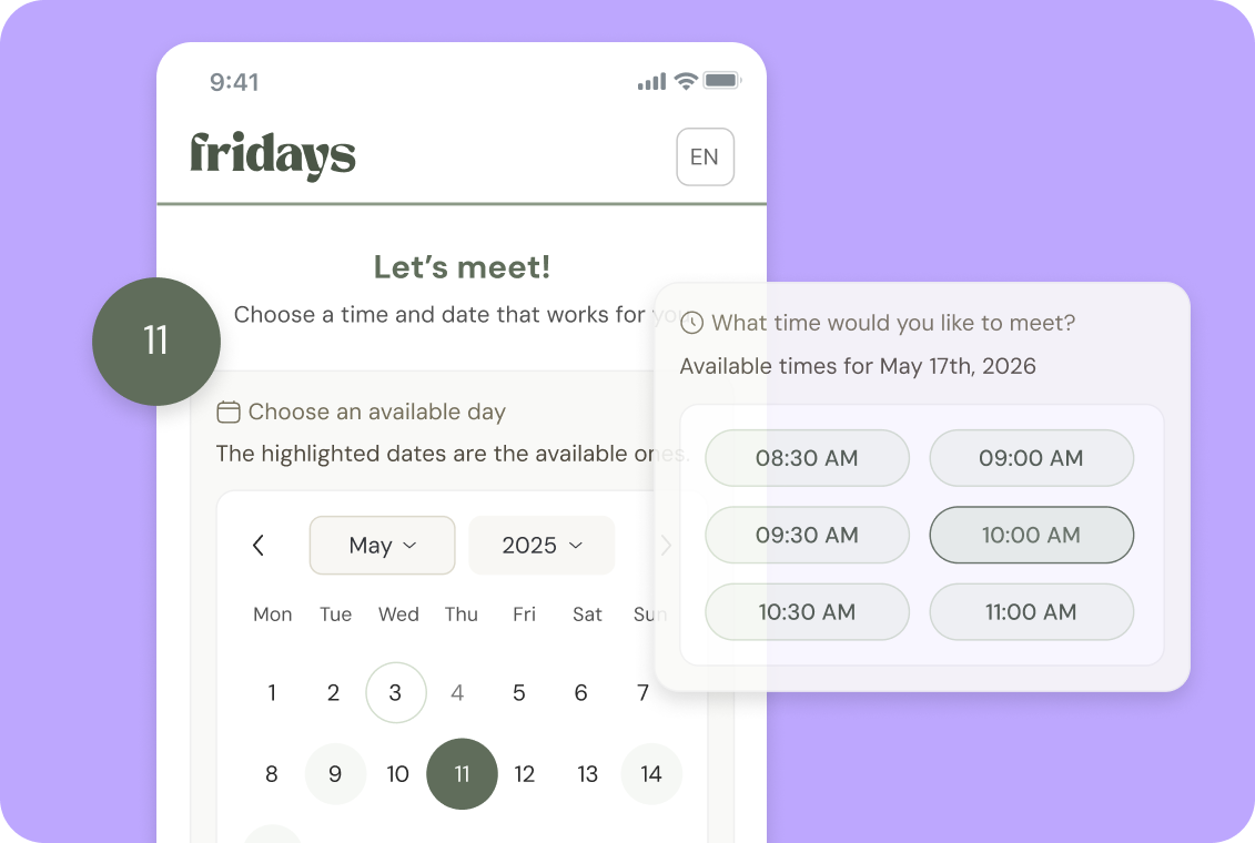 Fridays app screen showing a telehealth scheduler with calendar dates and available appointment times