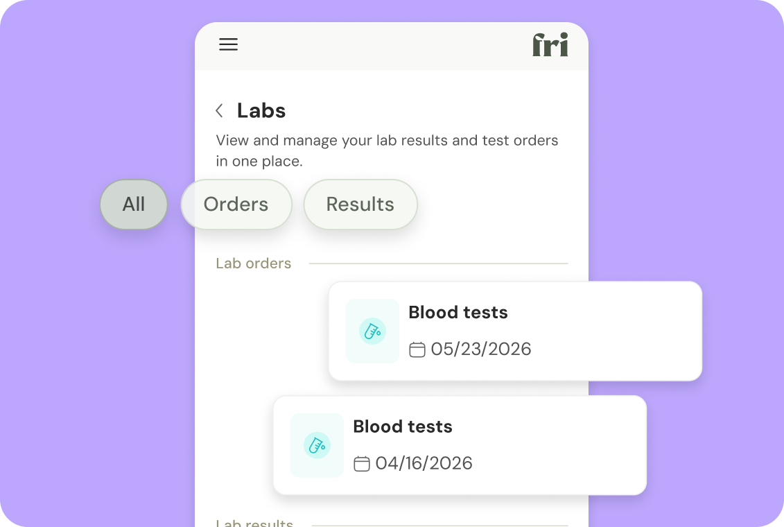 Fridays app screen showing lab order history with recent blood test dates