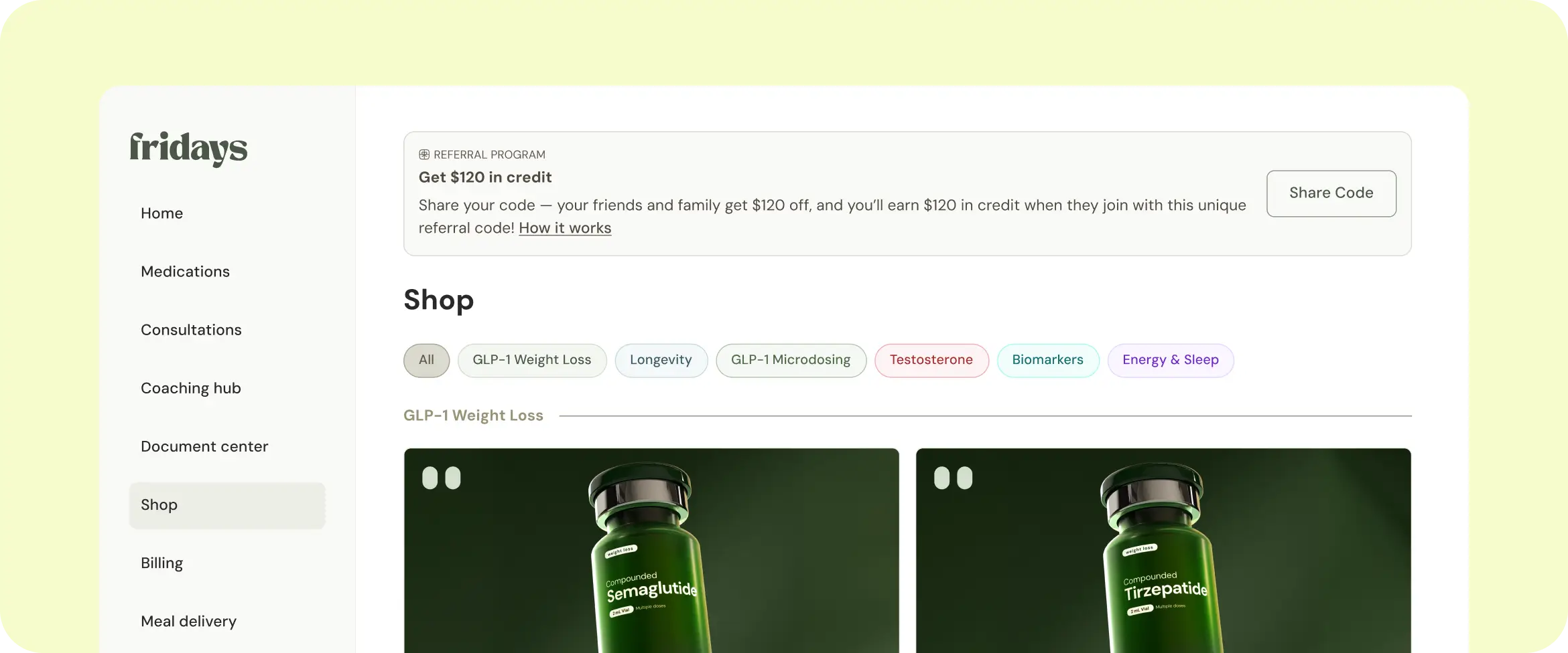 Fridays website screen for choosing a treatment, showing GLP-1, Longevity, and Testosterone options with pricing