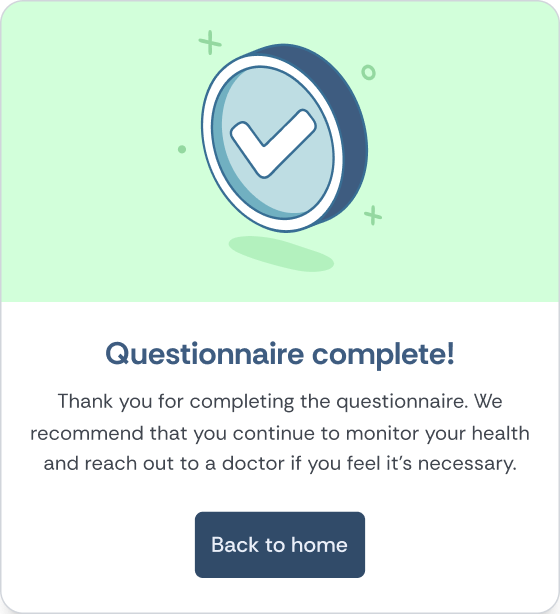 Mobile screen confirming a completed symptom questionnaire, with a 'Back to home' button