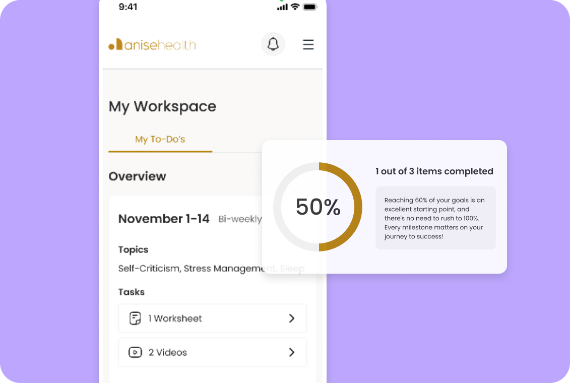 Anise Health app My Workspace screen showing a bi-weekly to-do overview with a 50% goal completion ring