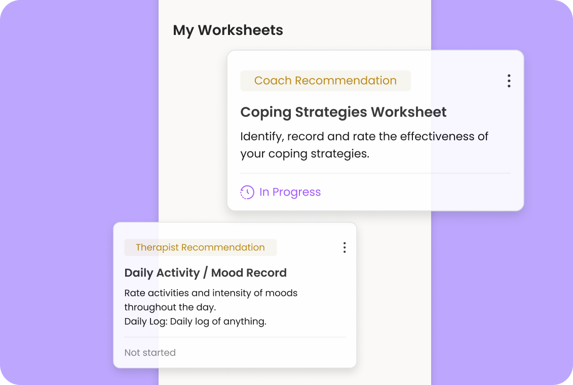 Anise Health app My Worksheets screen listing a Coping Strategies Worksheet and a Daily Activity/Mood Record assigned by a coach or therapist
