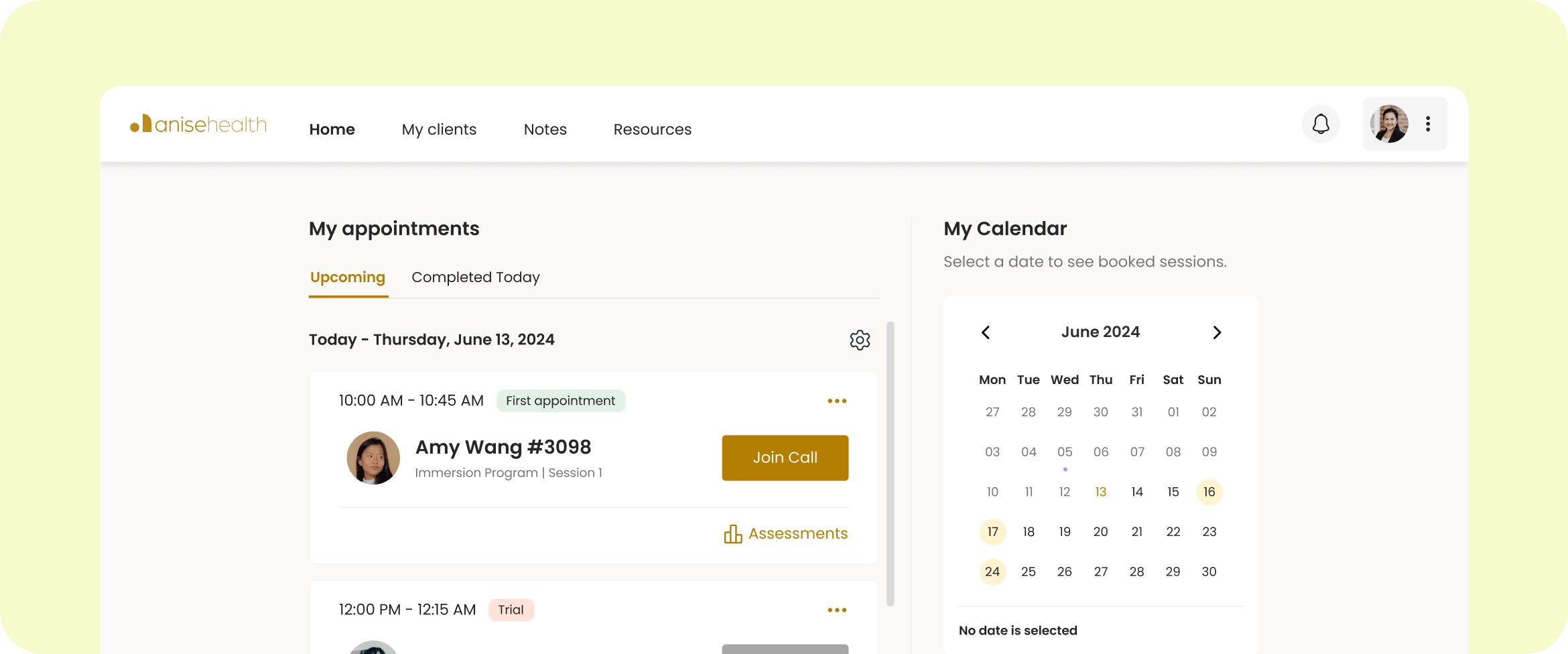 Anise Health provider portal Home screen showing the My Appointments list and My Calendar widget for June 2024
