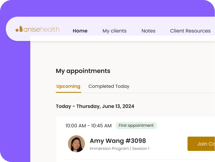 Anise Health provider portal Home screen showing the My Appointments list with an upcoming session for Amy Wang
