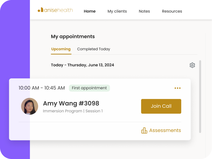 Anise Health provider portal appointment card for Amy Wang's first session with a Join Call button and Assessments link