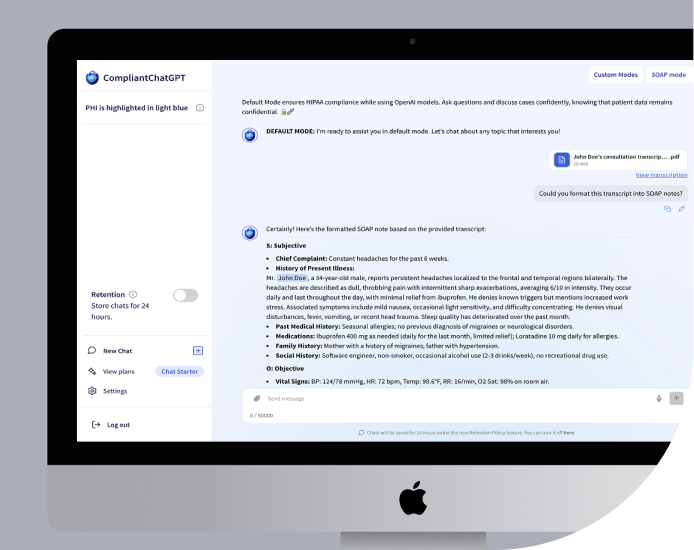 CompliantChatGPT interface showing PHI highlighting and an AI-generated SOAP clinical note from a patient consultation transcript