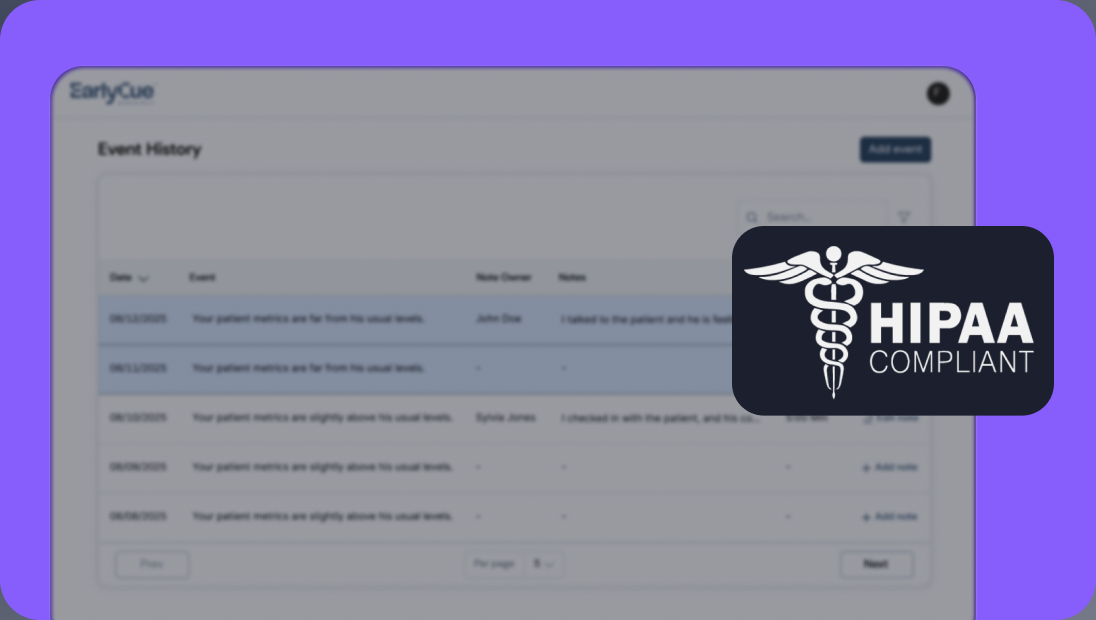 Event history dashboard with HIPAA compliant badge