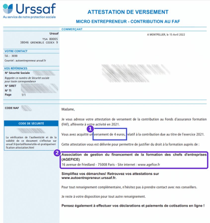 Exemple d'attestation URSSAF : le montant versé est encadré en 1, le nom du fonds de formation en 2