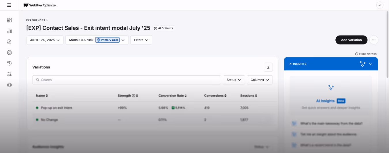 A screenshot of the Webflow Optimize standalone dashboard showing the results for a button copy experiment.