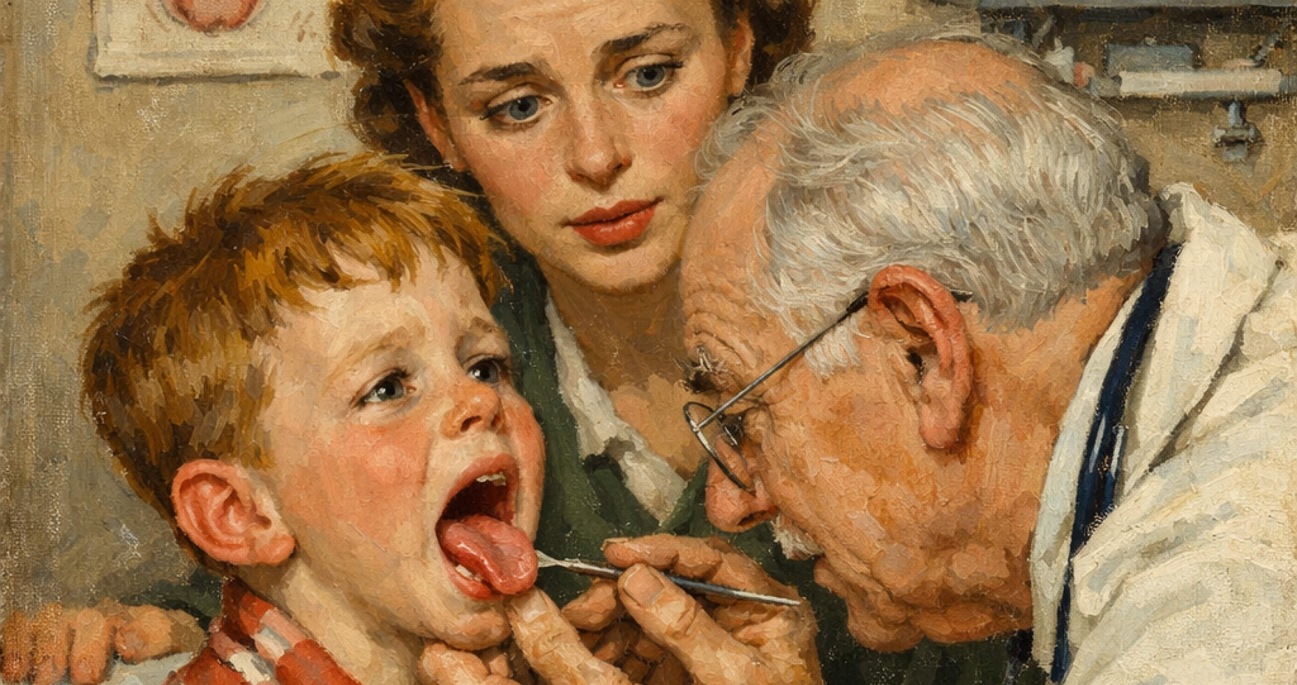 Medico examina lingua de menino com a mãe a observar preocupada