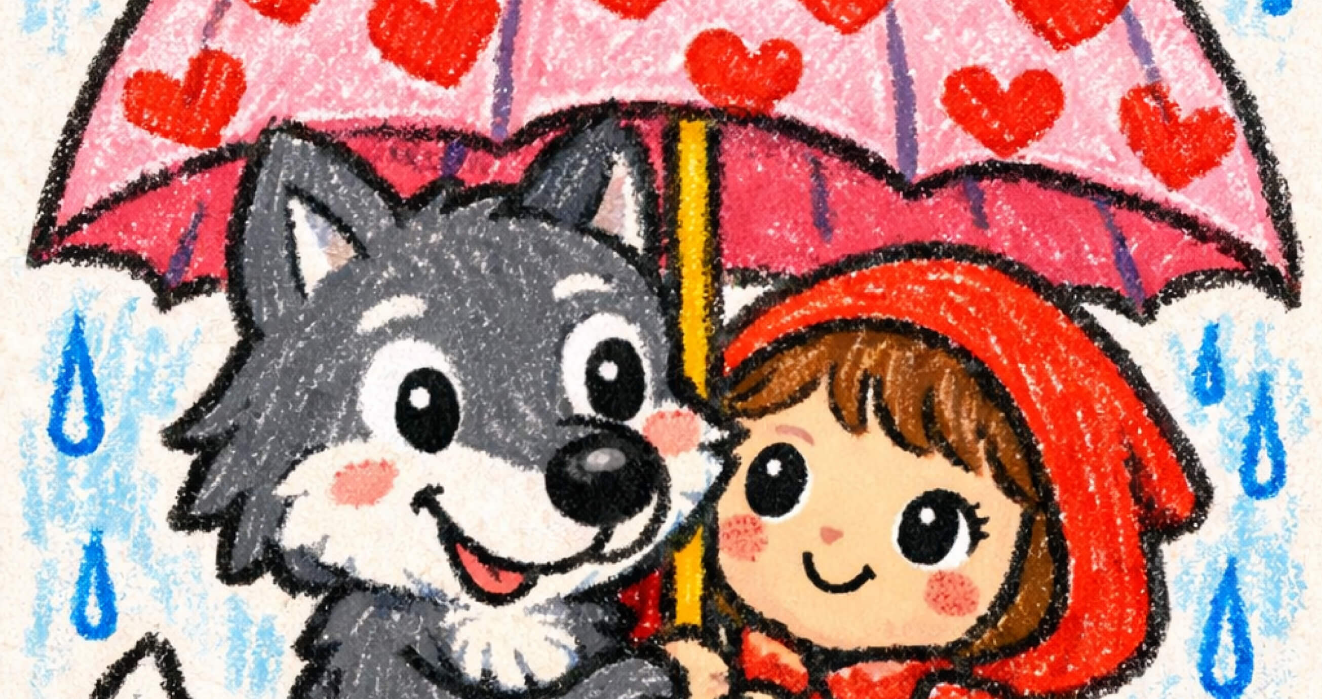 Capuchinho vermelho e lobo mau sorridentes debaixo de um chapeu de chuva