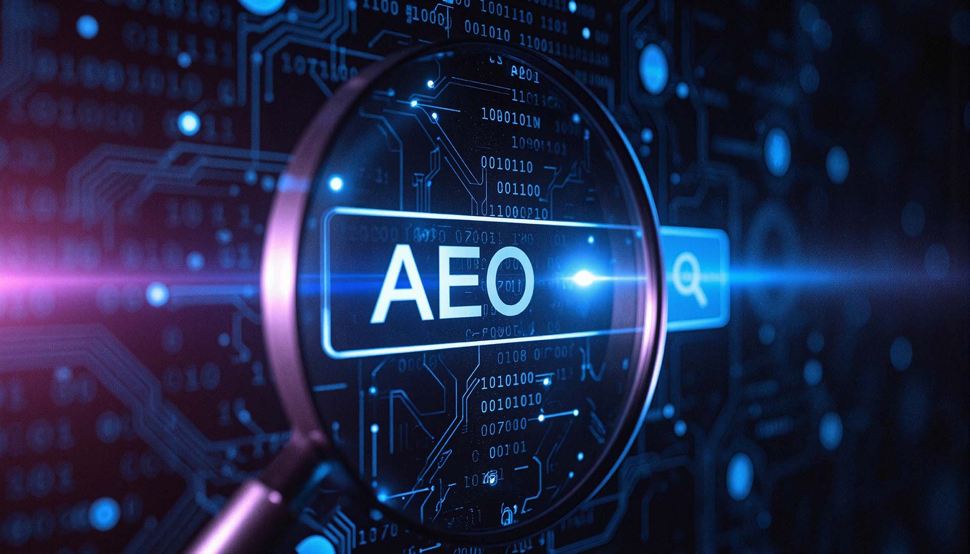 AEO Answer Engine Optimisation magnifying glass analysing digital code and AI search technology.