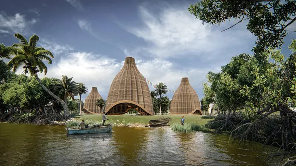 Vista esterna del caso studio Mumbai. Le strategie bioclimatiche si ispirano ai principi delle architetture vernacolari leggere, alte e ventilate, tipiche dei paesi con clima caldo umido, Visual by SOS