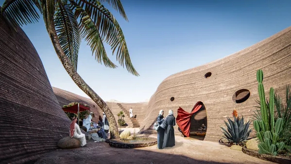 Vista esterna, caso studio Amman. Le strategie bioclimatiche si ispirano ai principi delle architetture vernacolari dei paesi con clima caldo secco, Visual by SOS