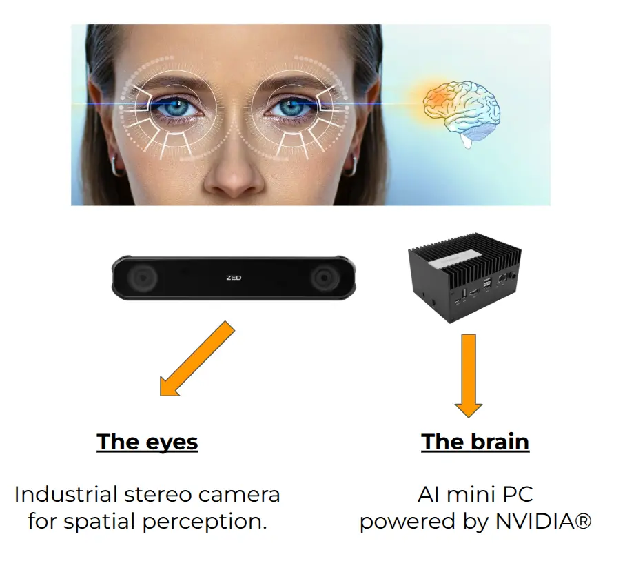 Description of the Digivision technology composed of stereo cameras and an AI mini PC powered by Nvidia, acting as the eyes and brain of a human