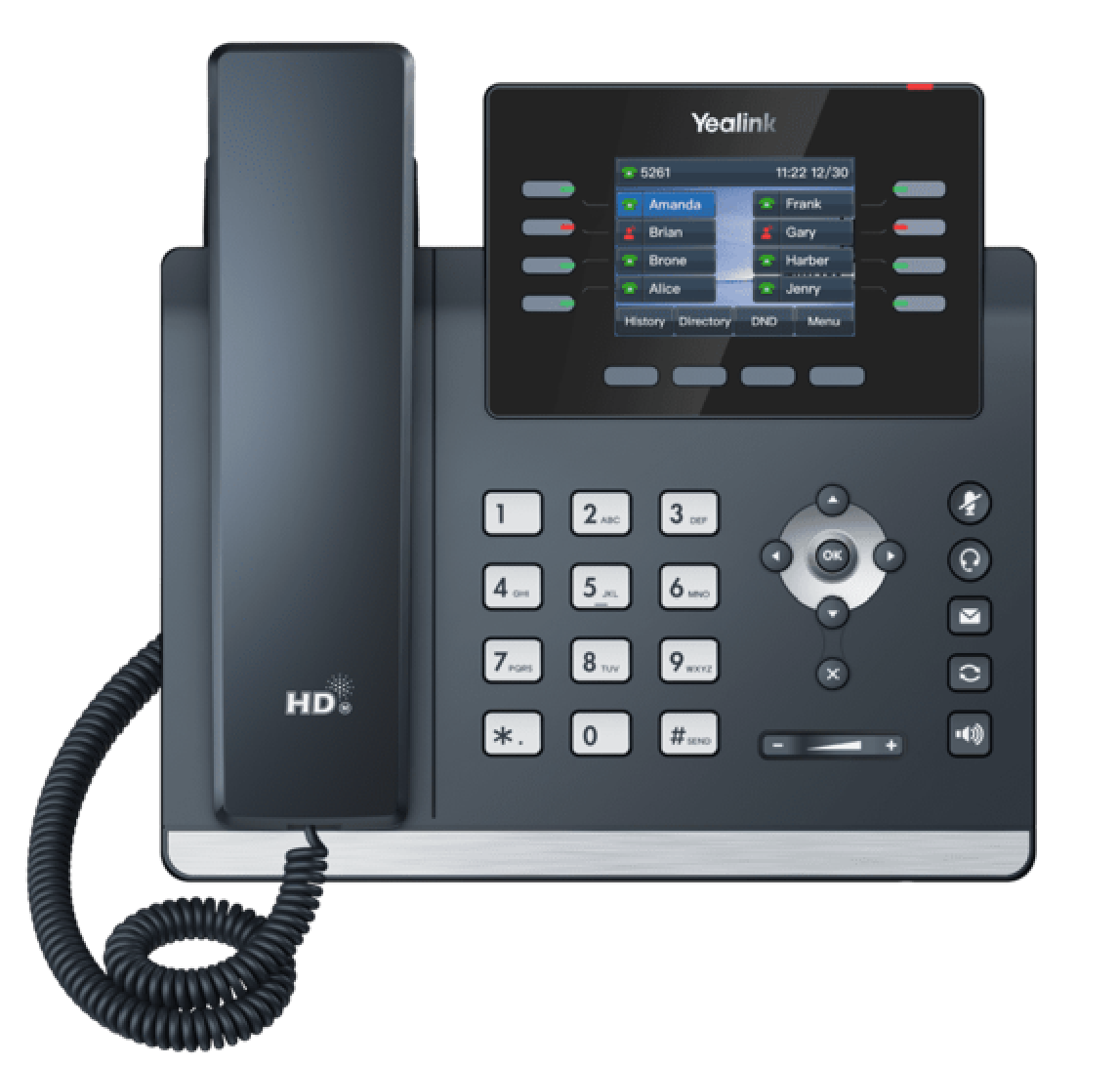 Yealink office desk phone with digital screen showing contacts and a numeric keypad with function buttons.
