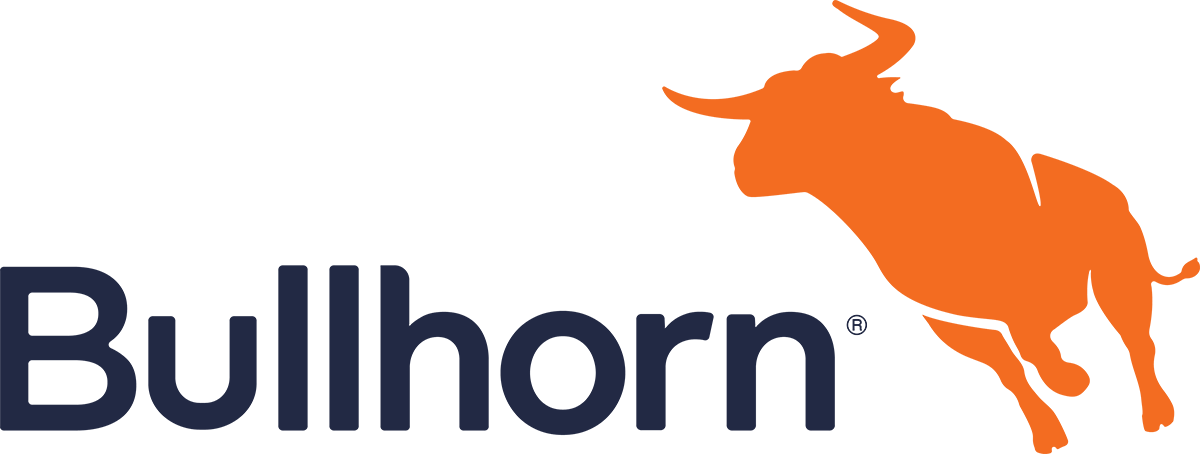 Bullhorn company logo featuring bold, stylized bull horn shape in dark blue and orange.
