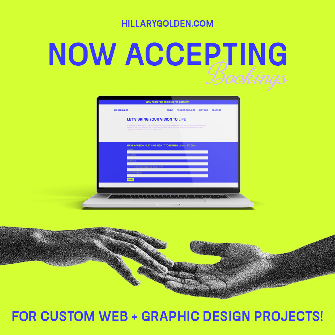 Social media post, "Now Accepting Booking" with an image of my booking site.