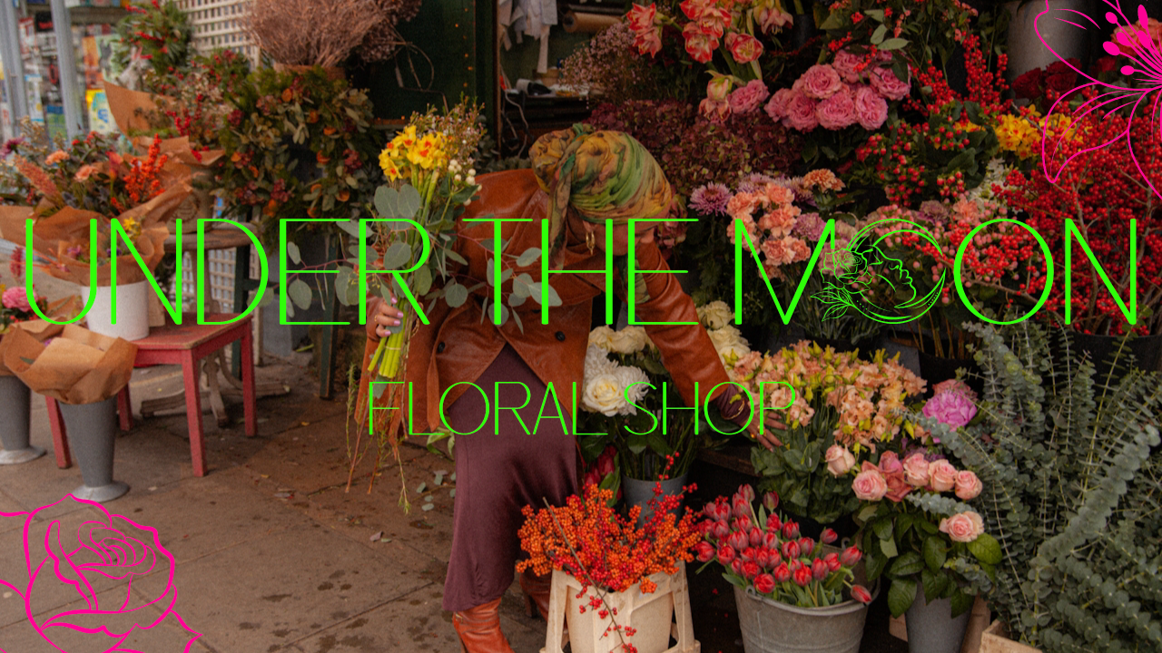 Image of a women picking flower as a background of the Under the Moon Flower Shop logo