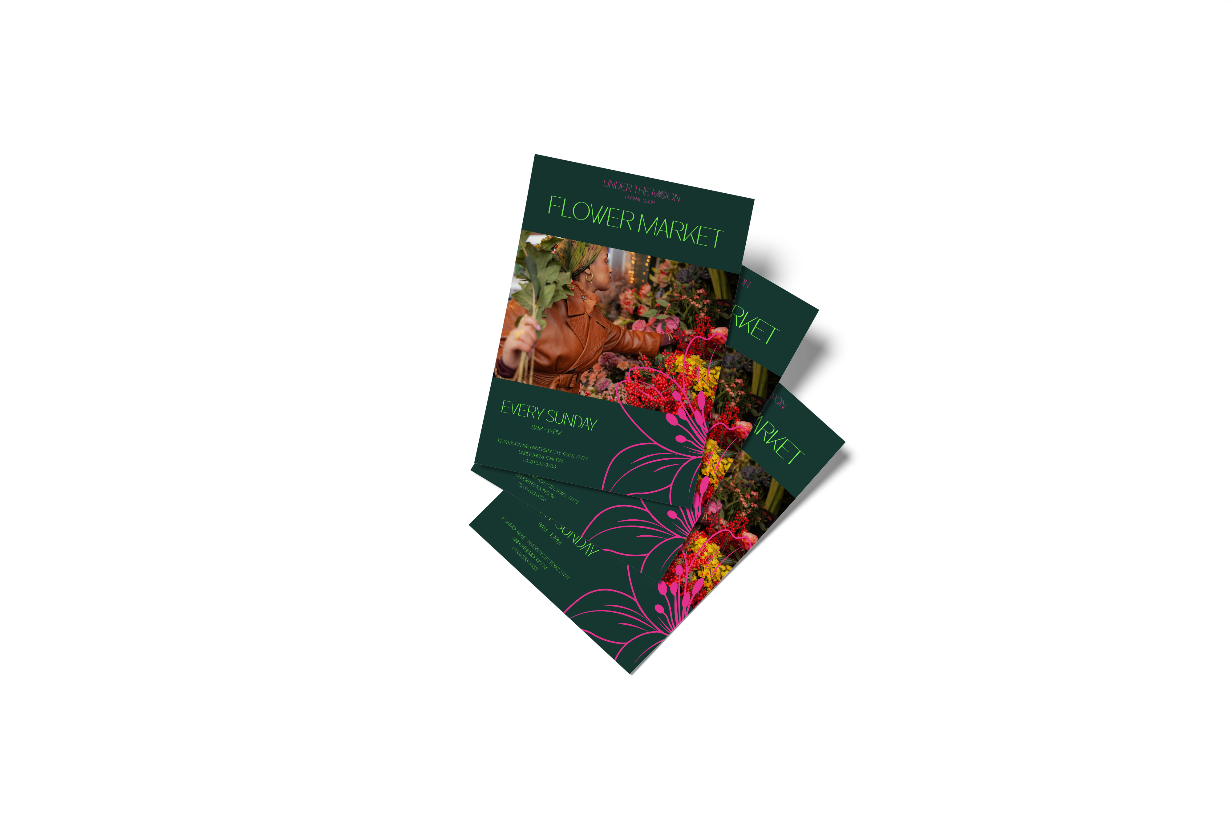 Under the Moon flyer mock-up promoting a flower market