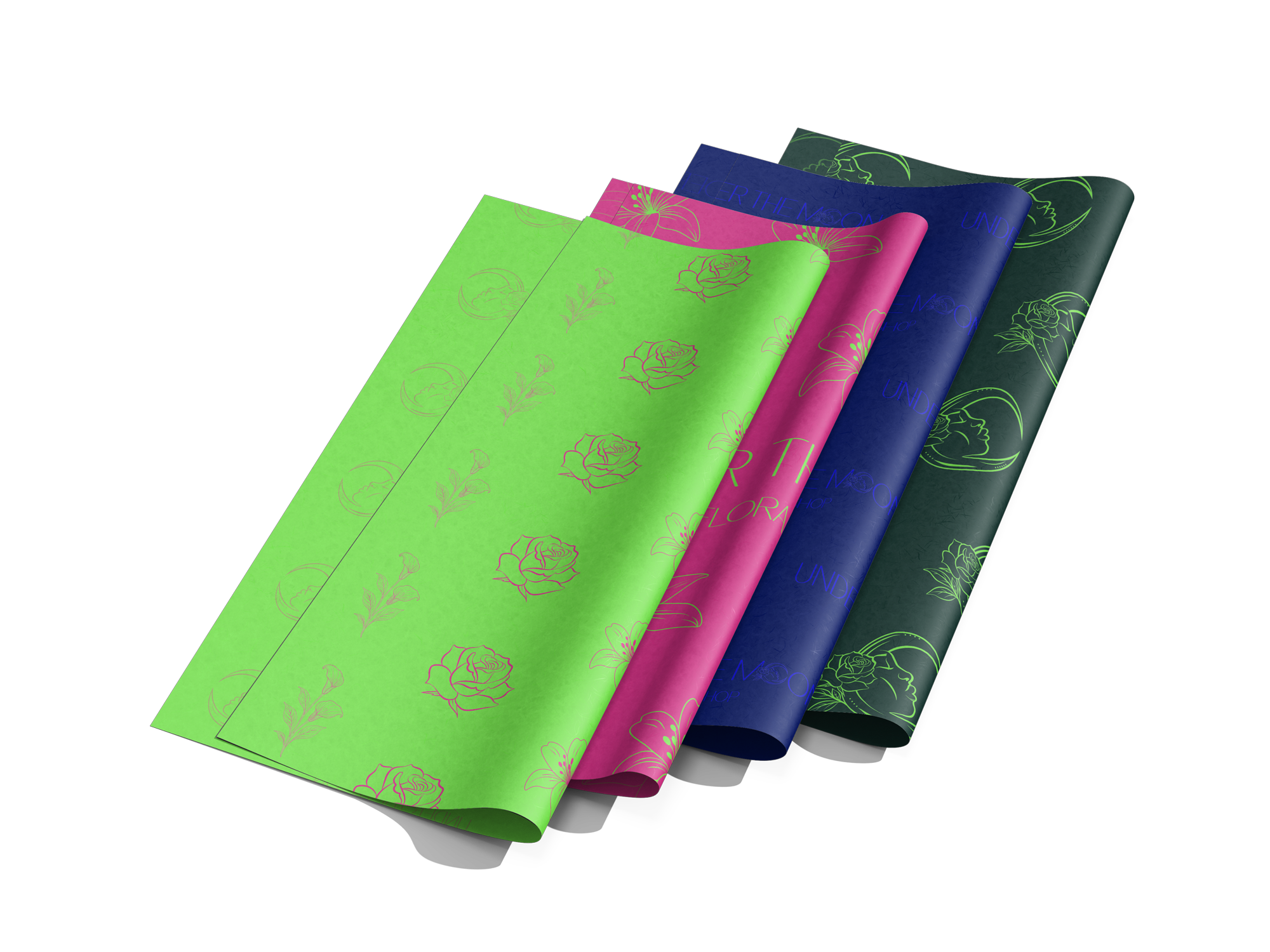 Flower rapping paper mockup with Under the Moon's brand colors, logos, and hand-drawn flowers.