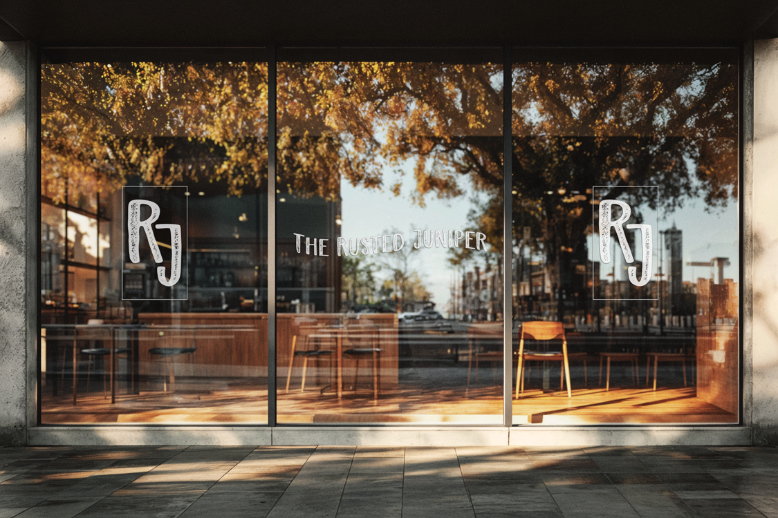 Store Front Decal Mock-Up of the The Rusted Juniper Logo