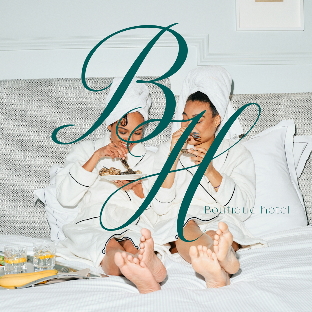 The Brixton House Icon over an image of two women eating in their hotel robes. 