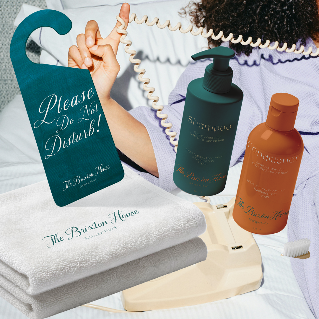 The Brixton House Towel, DND Hanger, and Shampoos and Conditioner 