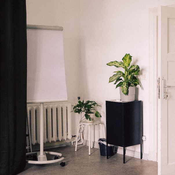 Workshopraum Seeblick in Neupitz mit hellen Wänden, Flipchart, zwei grünen Pflanzen und Altbautür.