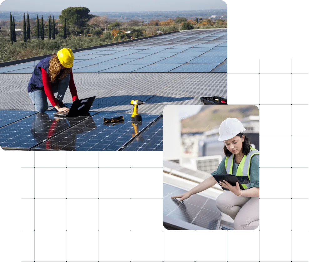 Two images collaged together show two separate workers fixing solar panels.