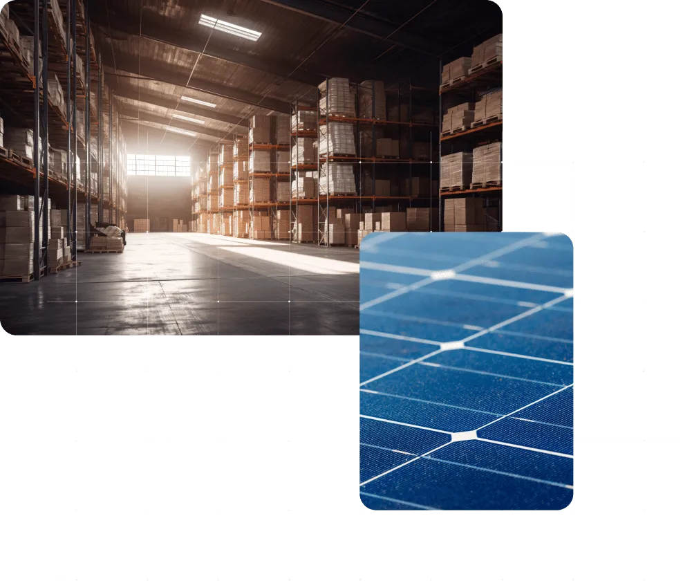 Two images collaged together depict solar panels and a large storage space illuminated by bright light flooding in through a large door.