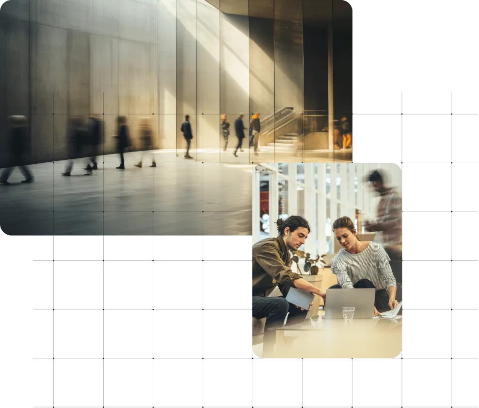 A collage of images depicts employees move slowly through a modern office space with tall walls and light flooding in through the ceiling and the other image shows two employees talking to each other in a friendly way.
