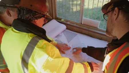 Two construction workers in hard hats and safety vests reviewing blueprints together indoors