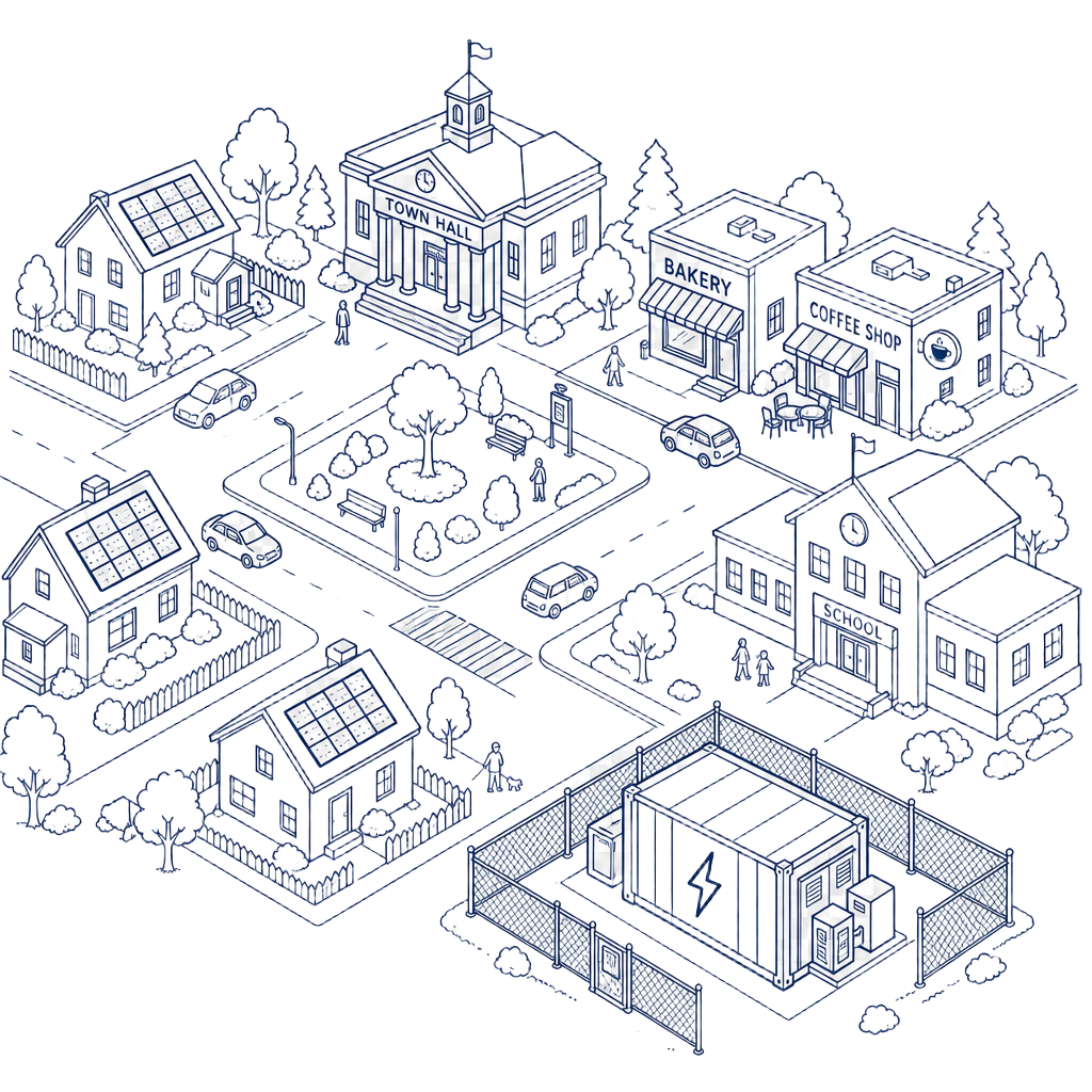 Illustration of a community with solar and battery storage