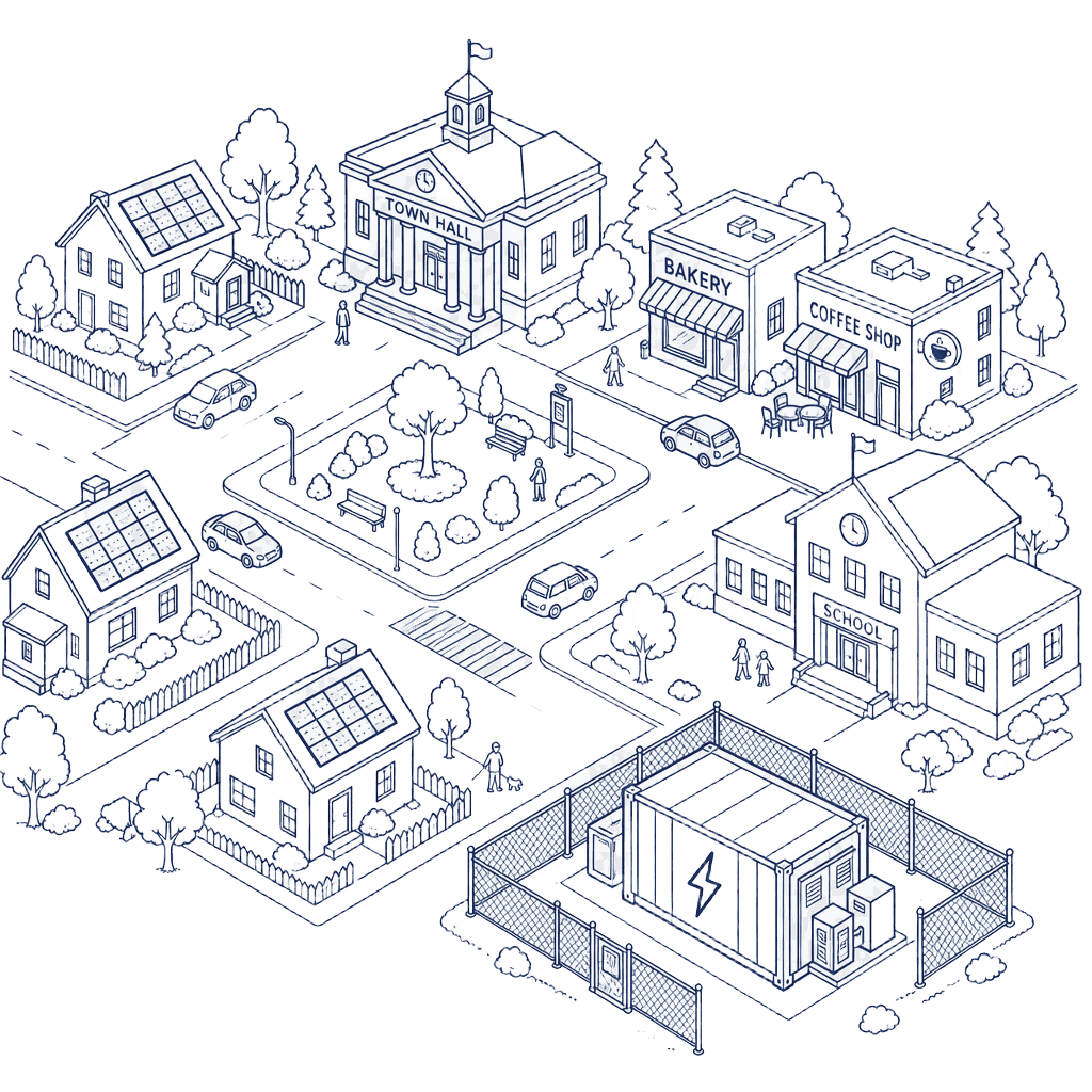 Illustration of a community with solar and battery storage