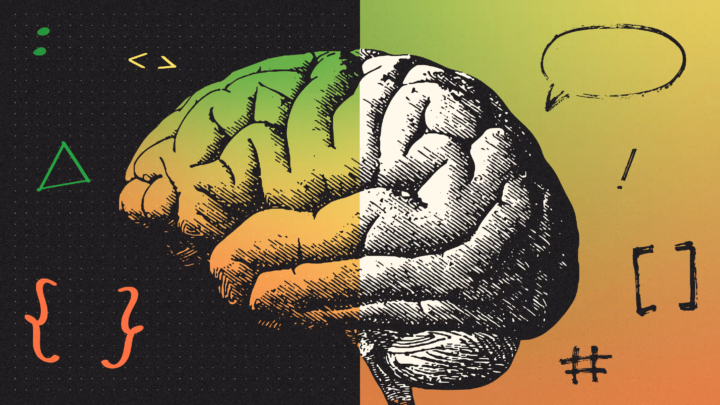 An illustration of a human brain surrounded by code icons. Left side is black and right side is a color gradient fading from green to orange
