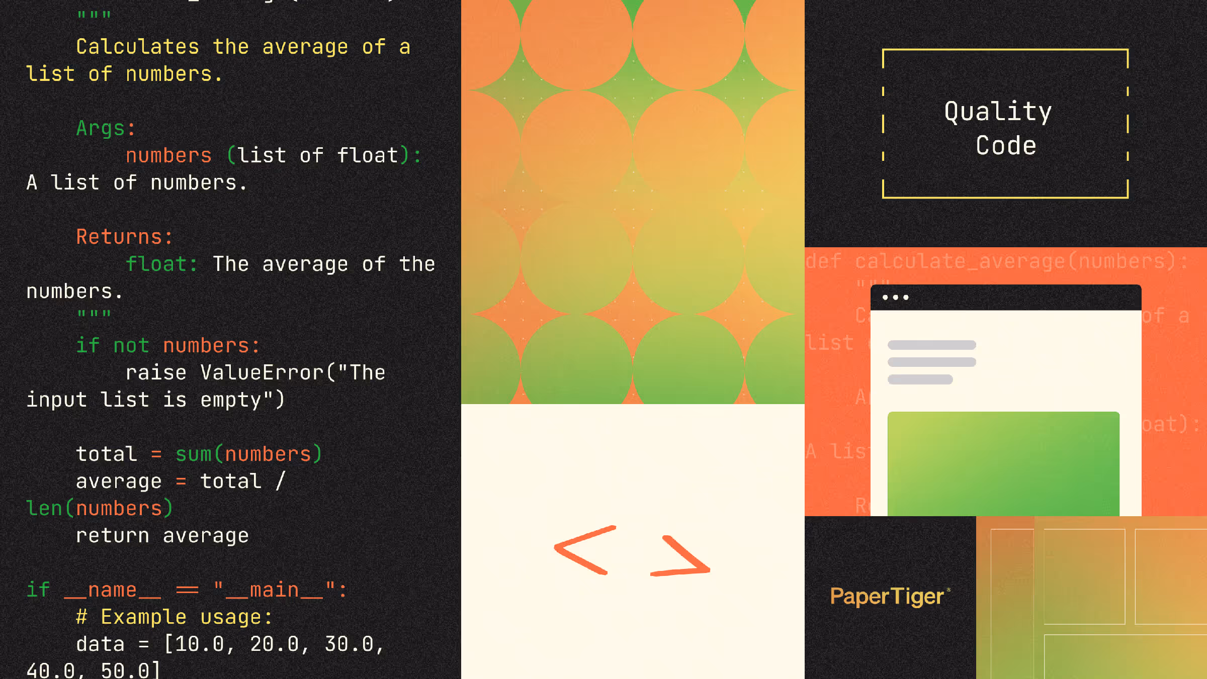 An illustrated grid of highlighted code and an abstract screenshot of a website