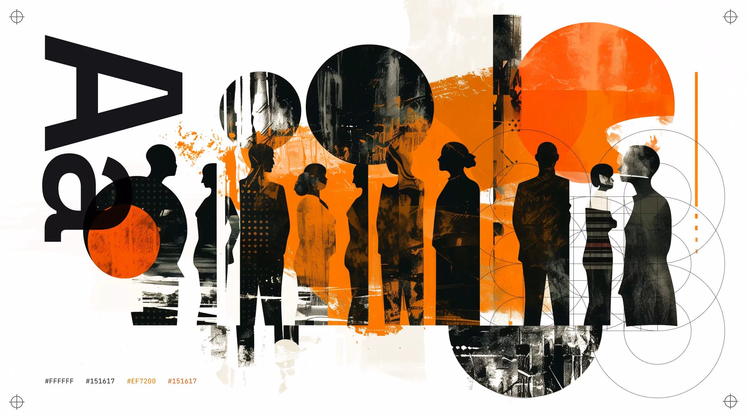 A collage composite of people mixed with shapes. Layers of typography and rough textures.
