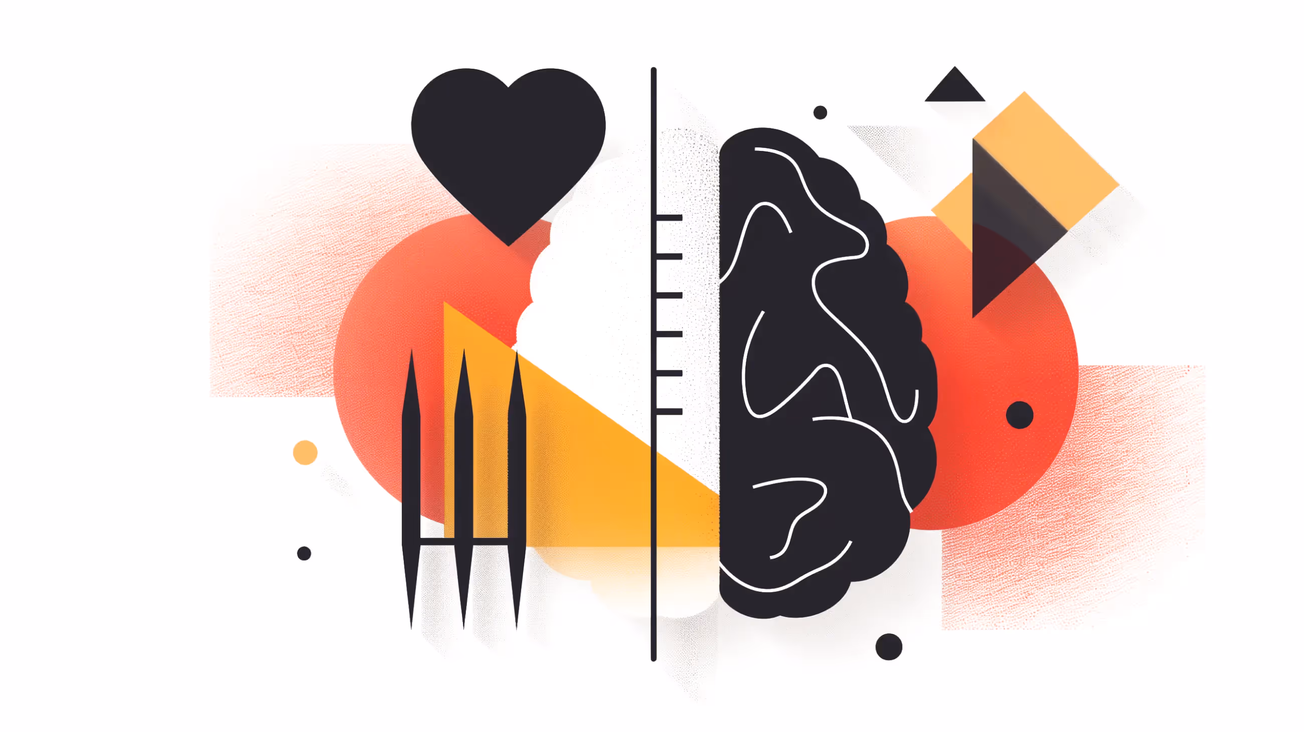An abstract image of a brain and heart, surrounded by colorful shapes