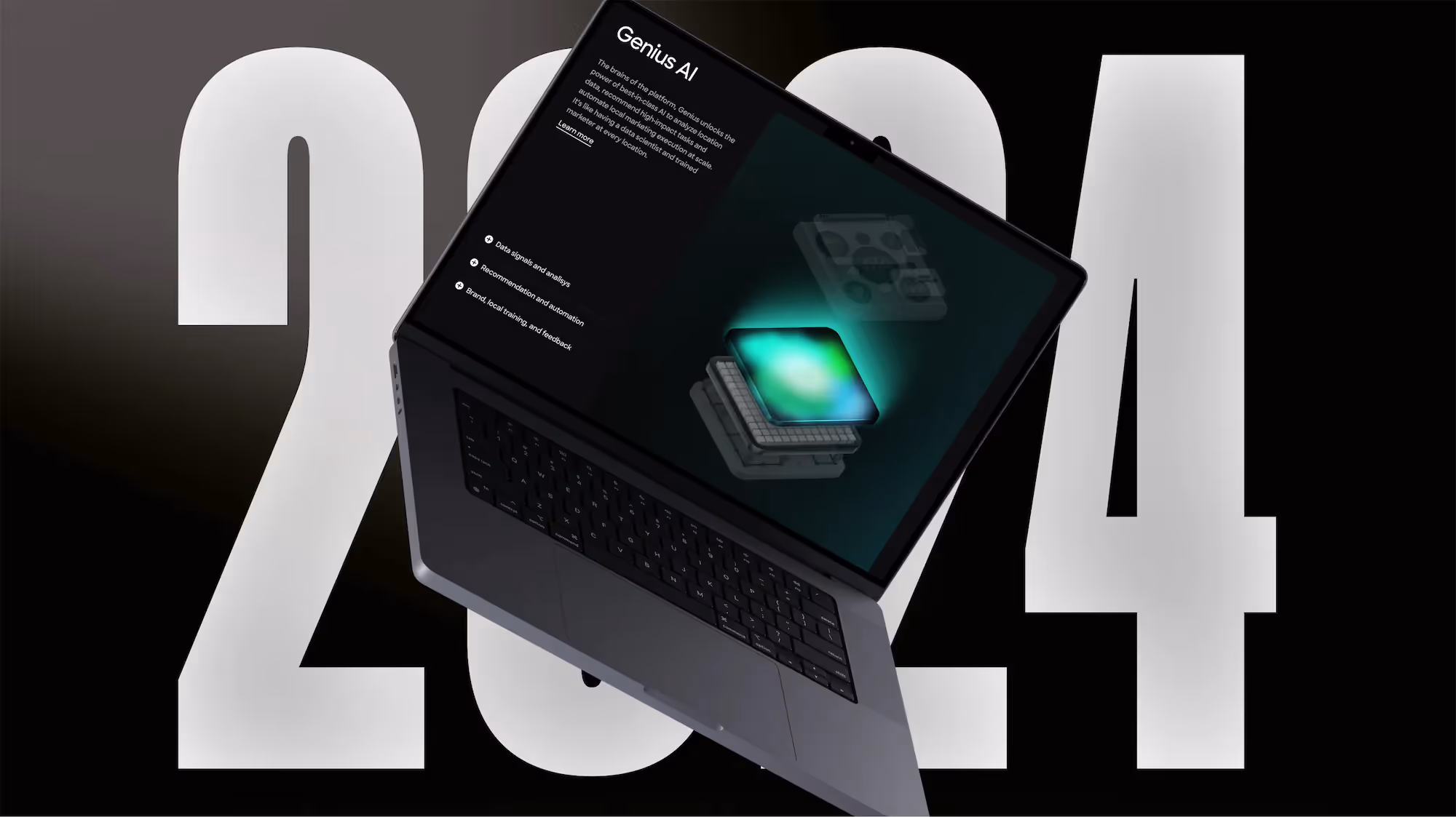 Image of a laptop floating over the number 2024 against a black background. The laptop shows the new SOCI website on its screen.