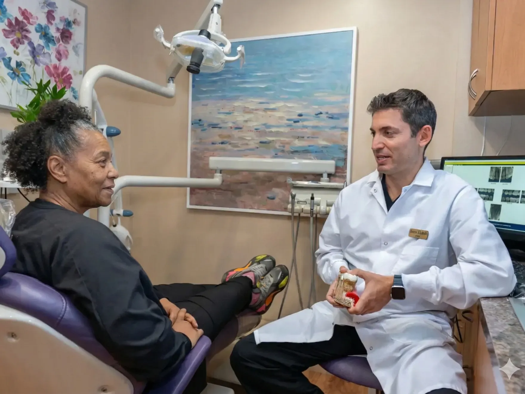Dr. Khodosh and team member performing a dental checkup on a patient.