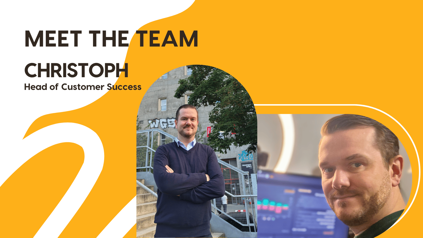 Portrait von Christoph, Head of Customer Success bei profitize. Oben steht er mit verschränkten Armen vor einem Gebäude im Freien, unten ist er an seinem Arbeitsplatz vor mehreren profitize-Dashboards zu sehen. Gelb-weiße Markenfläche und Text „Meet the Team – Christoph“ ergänzen das Layout.