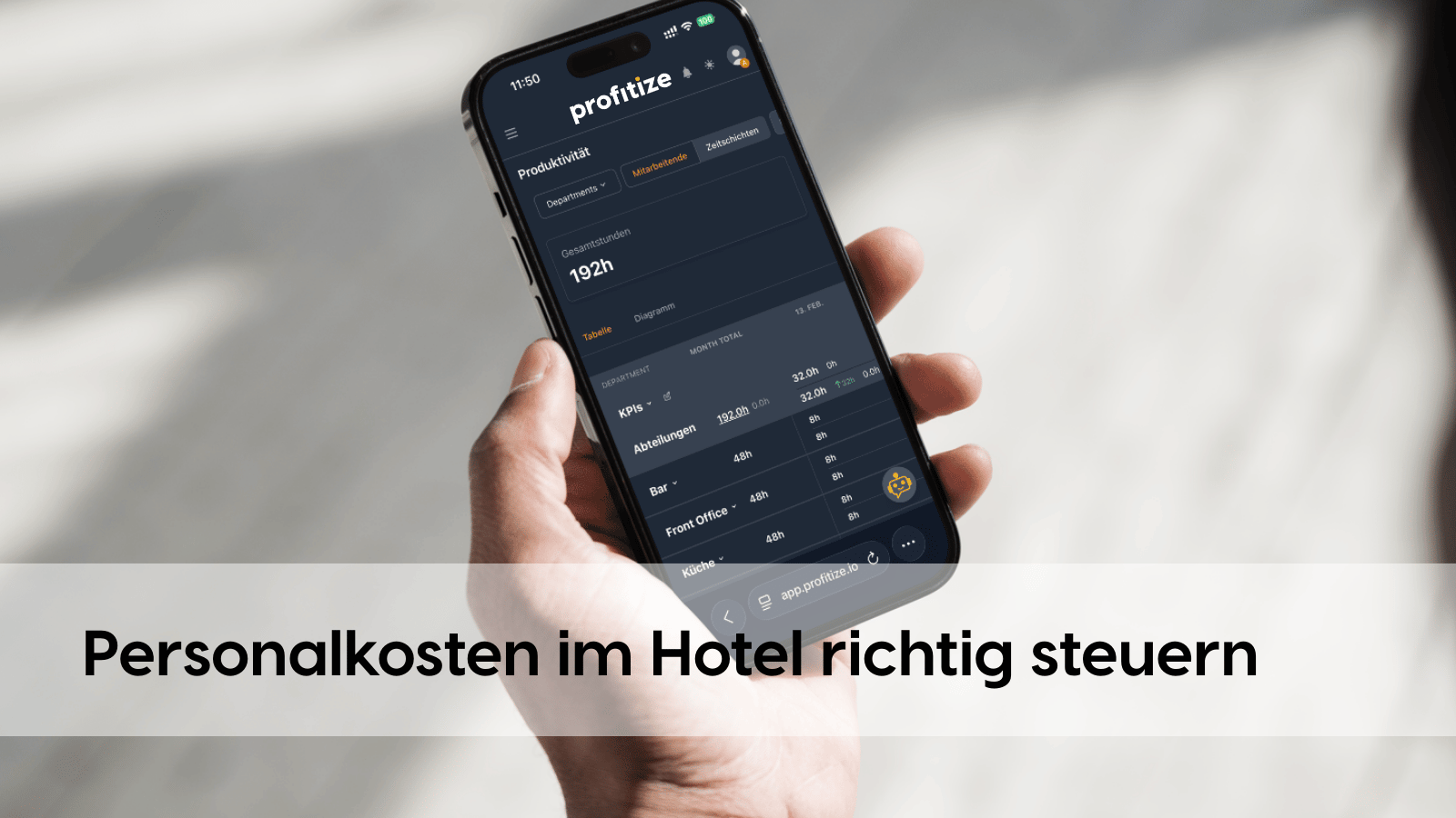 Hand hält ein Smartphone mit geöffneter profitize-App im Dark Mode; auf dem Bildschirm ist ein Dashboard zur Produktivität mit Stundenübersicht und KPI-Tabelle zu sehen. Unten im Bild steht groß der Schriftzug: „Personalkosten im Hotel richtig steuern“.