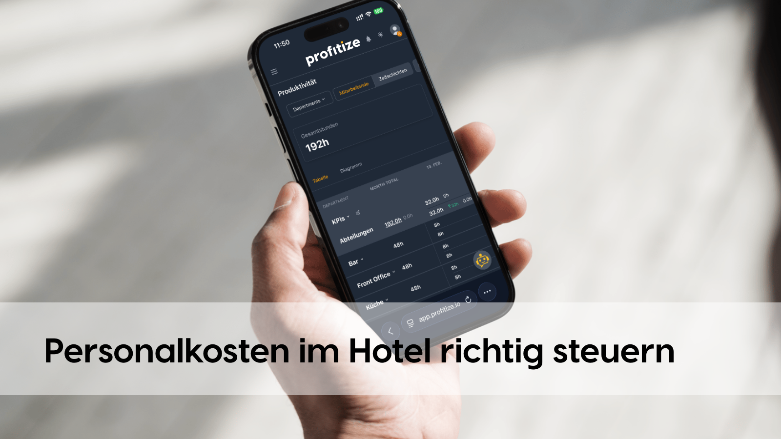 Hand hält ein Smartphone mit geöffneter profitize-App im Dark Mode; auf dem Bildschirm ist ein Dashboard zur Produktivität mit Stundenübersicht und KPI-Tabelle zu sehen. Unten im Bild steht groß der Schriftzug: „Personalkosten im Hotel richtig steuern“.