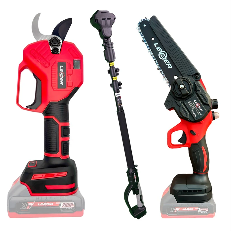 Акумуляторний секатор LEADER Optimal BL20-30D + Акумуляторна міні-пила LEADER Ultra BL20-6S + Телескопічний подовжувач M1 LEADER