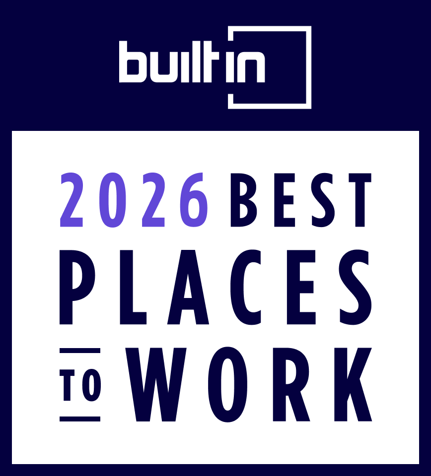 Built In logo above text reading '2026 Best Places to Work' inside a white rectangle on a dark blue background.