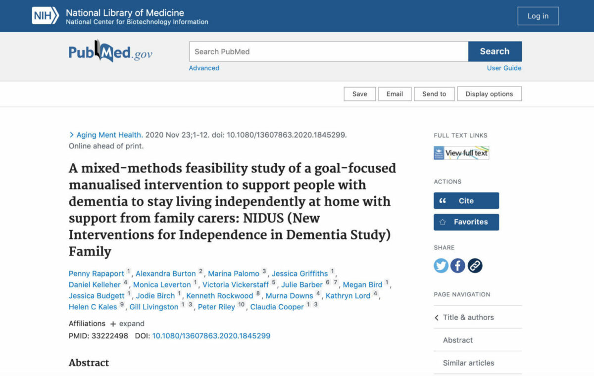 A mixed-methods feasibility study of a goal-focused manualised intervention to support people with dementia to stay living independently at home with support from family carers: NIDUS Family