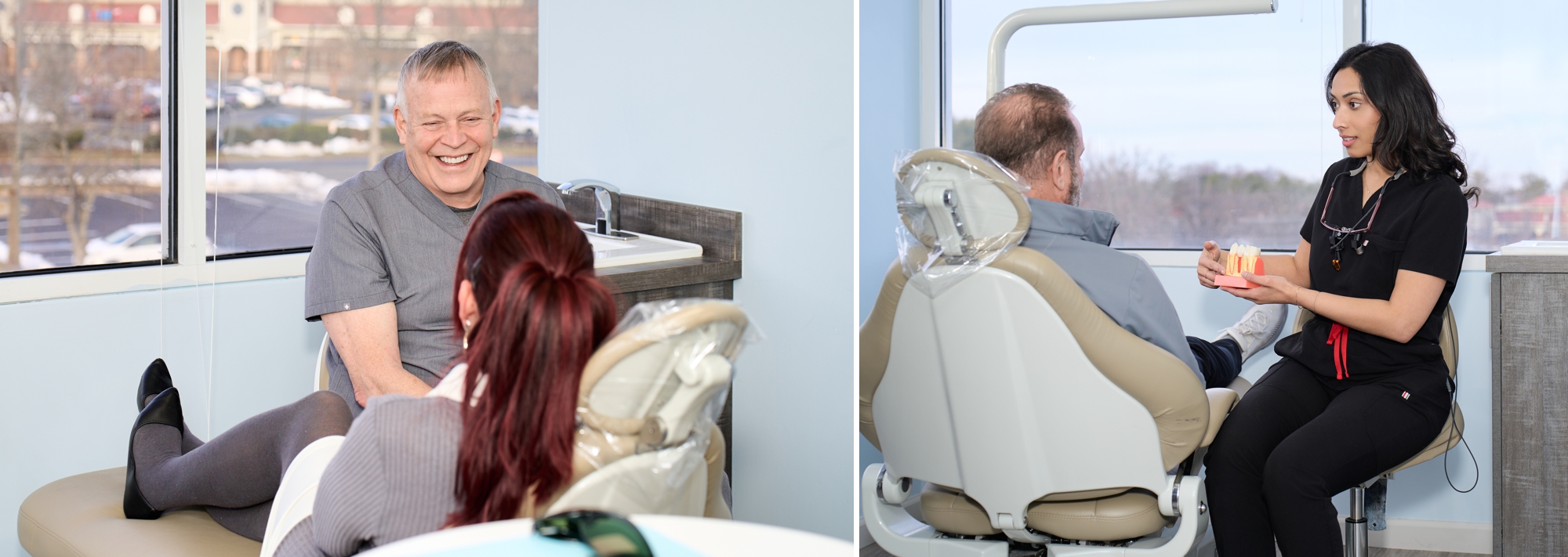 A two photo collage of dentists listening to and talking to a patient in a dentral treament chair