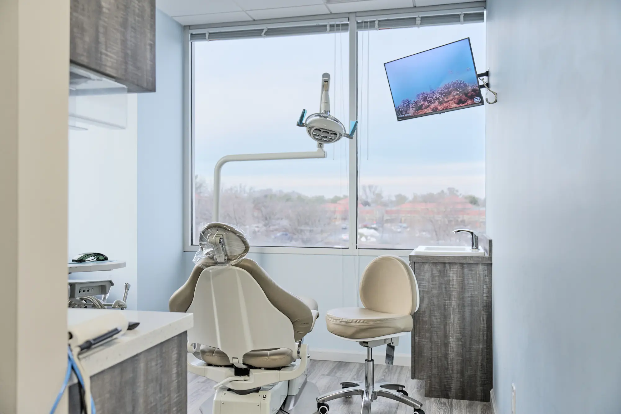 A bright and airy dentist treatment room with windows overlooking trees