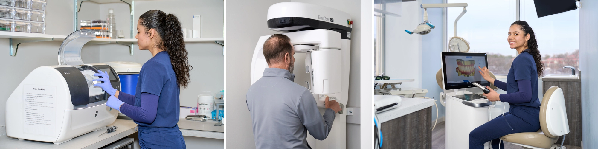 A three photo collage of a person at a specialized dental machine